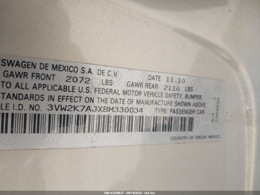 2011 Volkswagen Jetta 2.0L S VIN: 3VW2K7AJXBM330034 Lot: 43259837