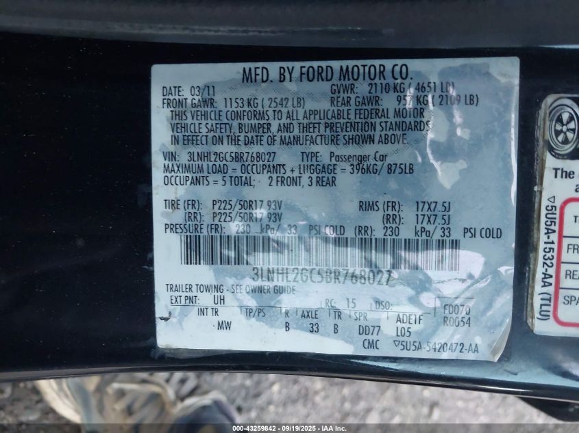 2011 Lincoln Mkz VIN: 3LNHL2GC5BR768027 Lot: 43259842