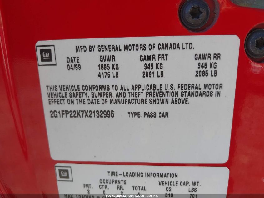 1999 Chevrolet Camaro VIN: 2G1FP22K7X2132996 Lot: 43259843