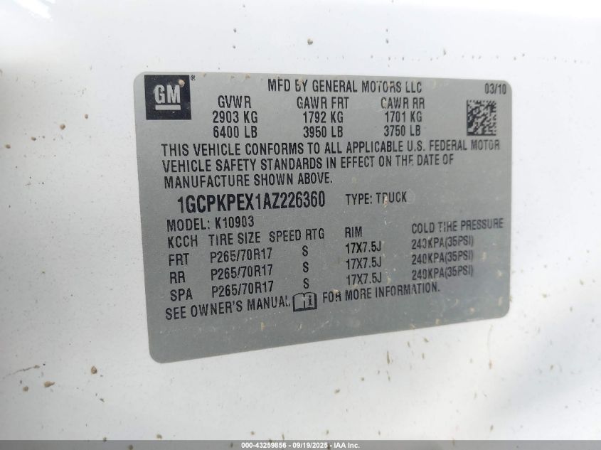 2010 Chevrolet Silverado 1500 Work Truck VIN: 1GCPKPEX1AZ226360 Lot: 43259856
