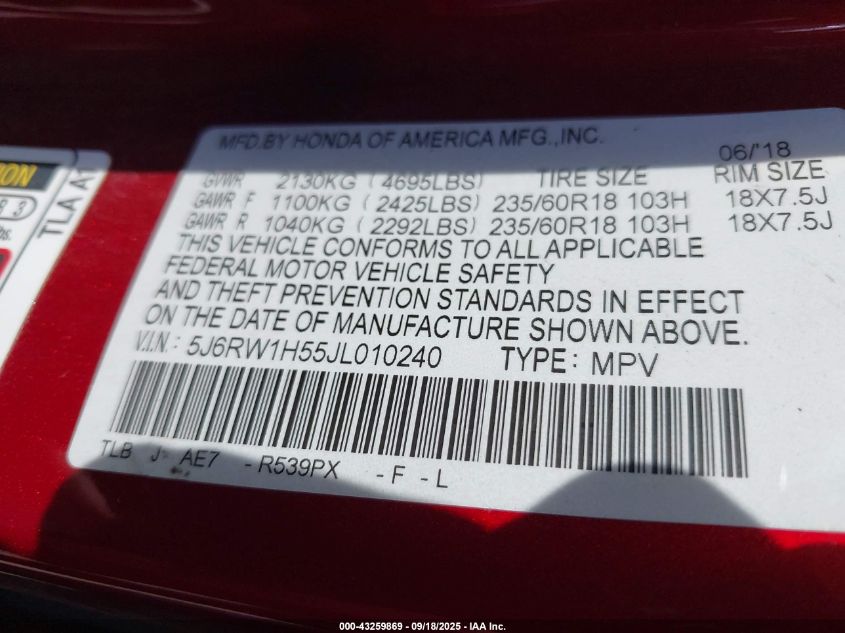 2018 Honda Cr-V Ex VIN: 5J6RW1H55JL010240 Lot: 43259869