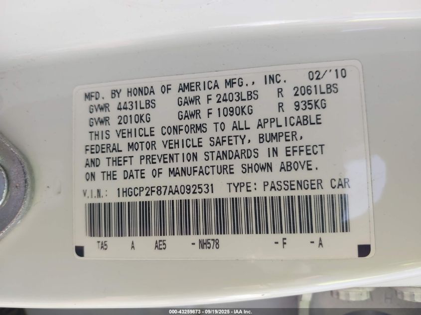 2010 Honda Accord 2.4 Ex-L VIN: 1HGCP2F87AA092531 Lot: 43259873