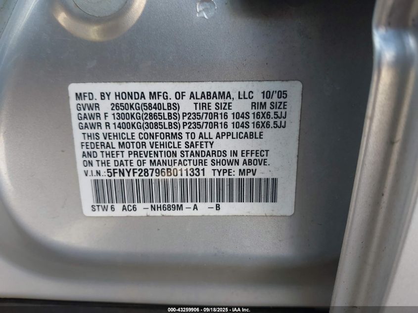 2006 Honda Pilot Ex-L VIN: 5FNYF28796B011331 Lot: 43259906