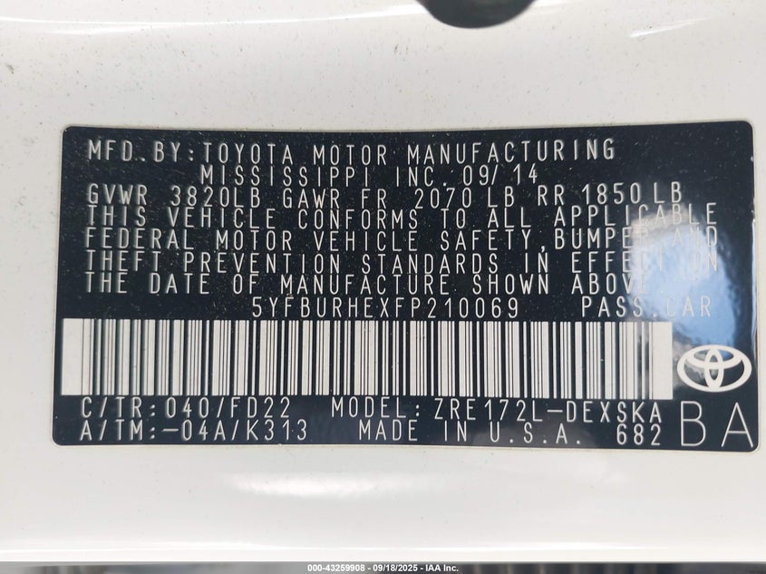 2015 Toyota Corolla L/Le/Le Pls/Prm/S/S Pls VIN: 5YFBURHEXFP210069 Lot: 43259908