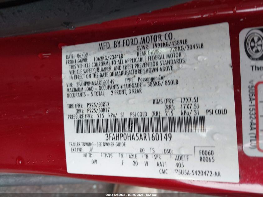 2010 Ford Fusion Se VIN: 3FAHP0HA5AR160149 Lot: 43259936