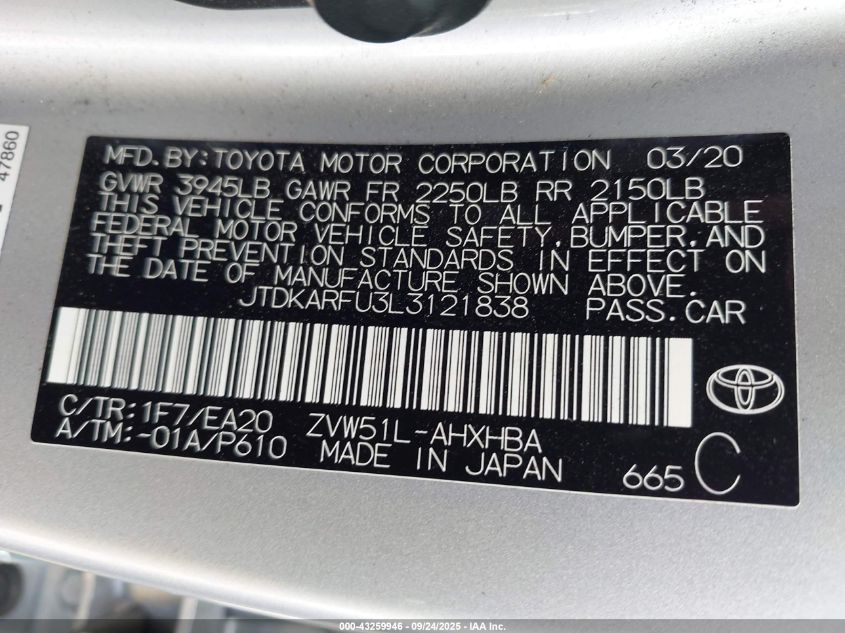 2020 Toyota Prius Xle VIN: JTDKARFU3L3121838 Lot: 43259946