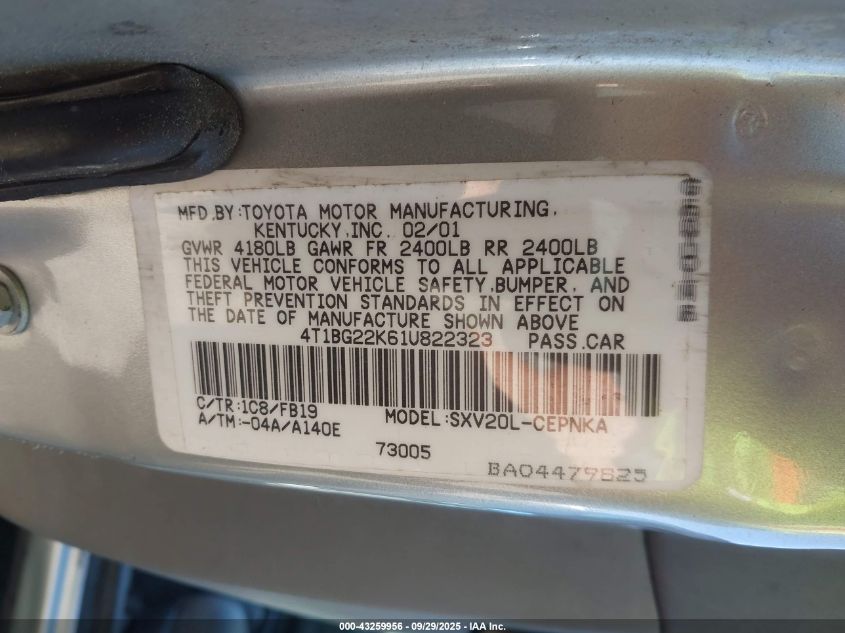 2001 Toyota Camry Le VIN: 4T1BG22K61U822323 Lot: 43259956