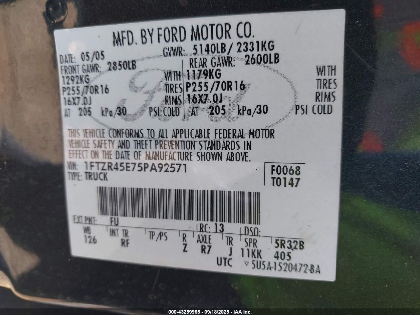 2005 Ford Ranger Edge/Fx4 Level Ii/Fx4 Off-Road/Xlt VIN: 1FTZR45E75PA92571 Lot: 43259965