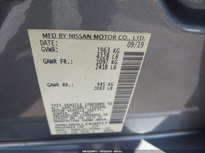 2020 Nissan Altima S Fwd VIN: 1N4BL4BV4LC169057 Lot: 43259973