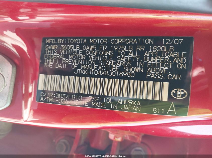 2008 Scion Xd VIN: JTKKU104X8J018980 Lot: 43259975