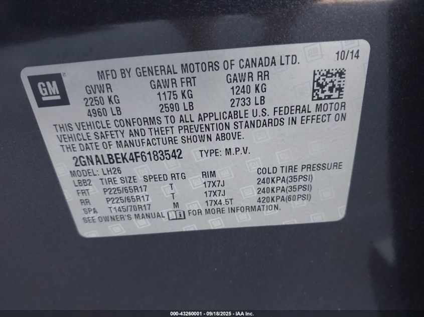 2015 Chevrolet Equinox 1Lt VIN: 2GNALBEK4F6183542 Lot: 43260001