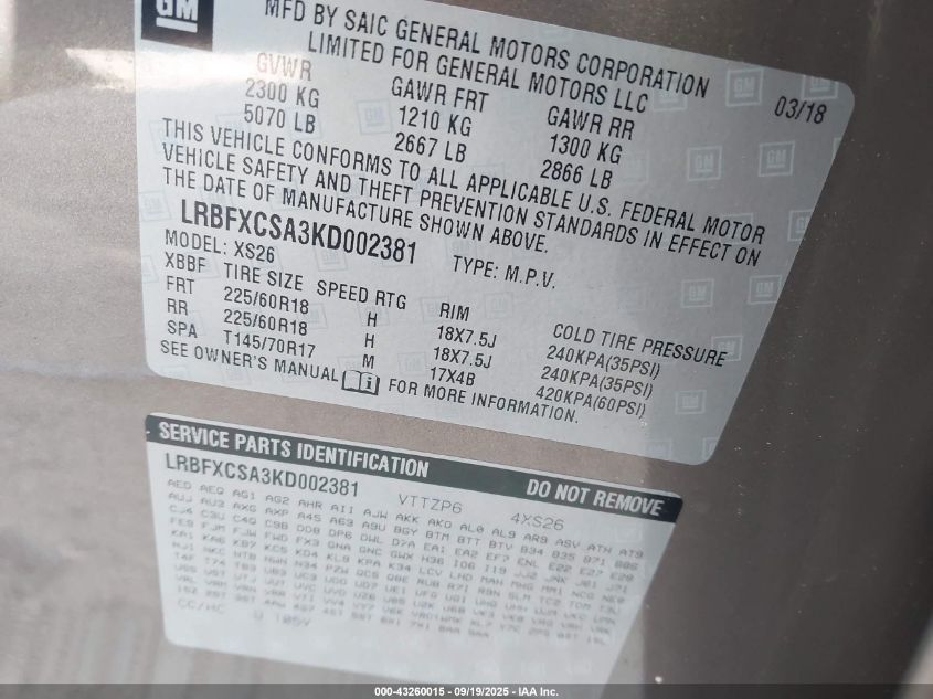 2019 Buick Envision Fwd Essence VIN: LRBFXCSA3KD002381 Lot: 43260015