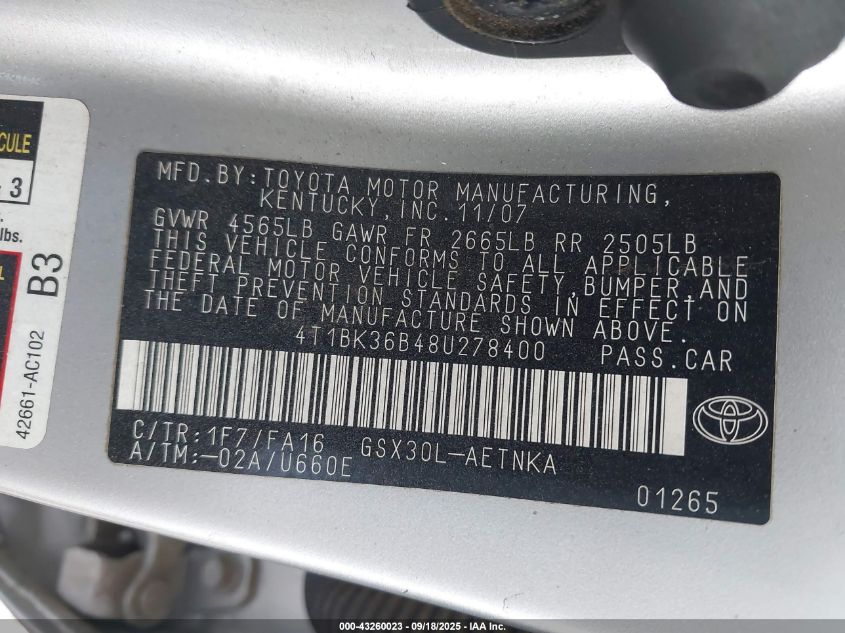 2008 Toyota Avalon Xl VIN: 4T1BK36B48U278400 Lot: 43260023