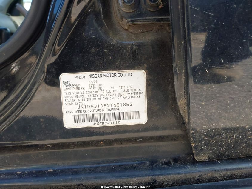 2002 Nissan Maxima Se VIN: JN1DA31D52T451852 Lot: 43260024