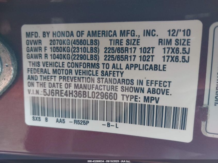2011 Honda Cr-V Lx VIN: 5J6RE4H36BL029660 Lot: 43260034