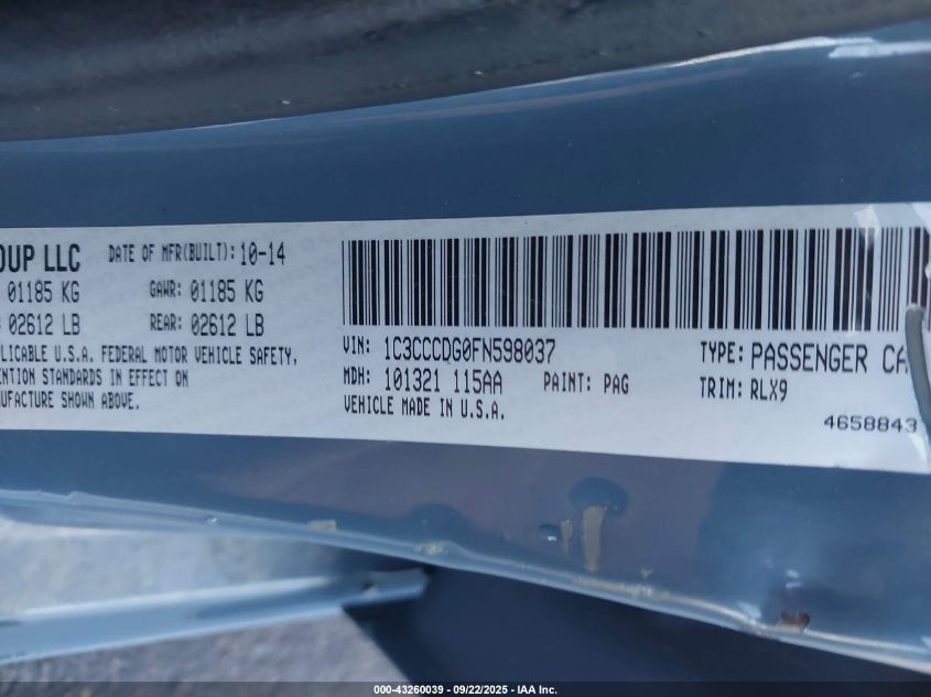 2015 Chrysler 200 S VIN: 1C3CCCDG0FN598037 Lot: 43260039