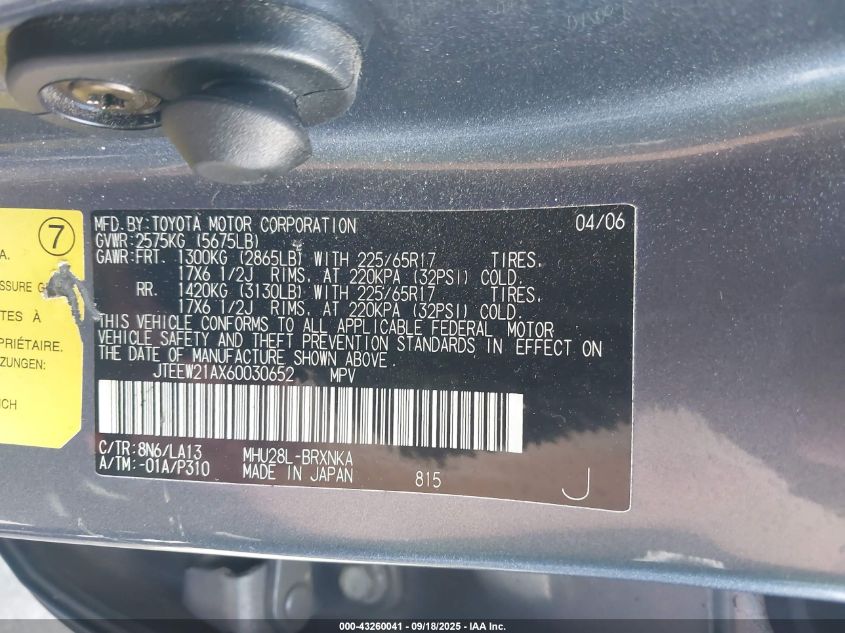 2006 Toyota Highlander Hybrid Limited V6 VIN: JTEEW21AX60030652 Lot: 43260041