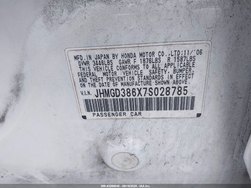 2007 Honda Fit Sport VIN: JHMGD386X7S028785 Lot: 43260048