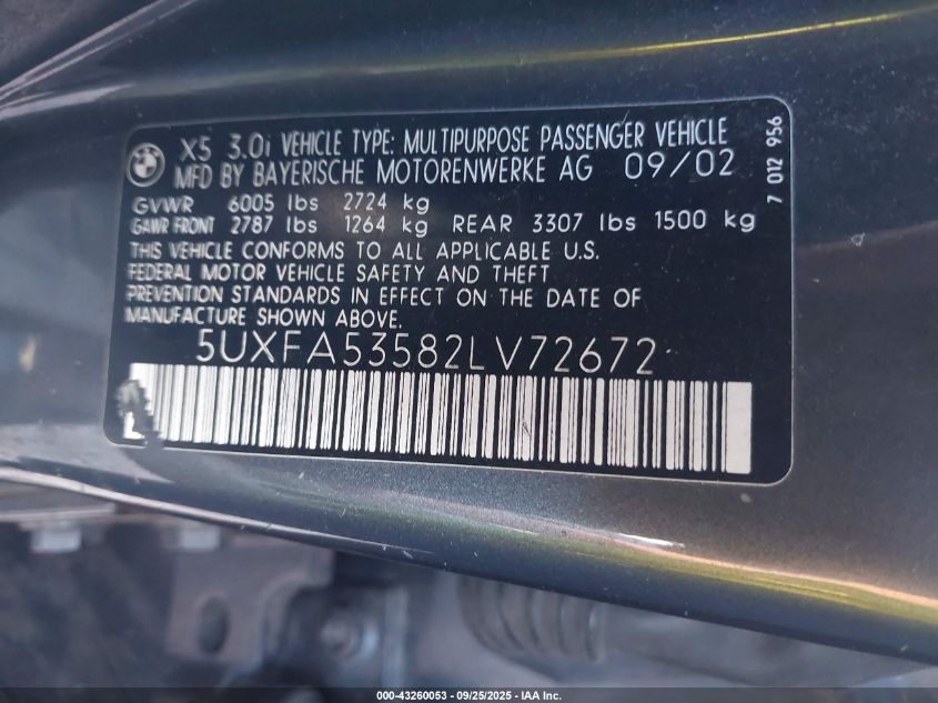 2002 BMW X5 3.0I VIN: 5UXFA53582LV72672 Lot: 43260053