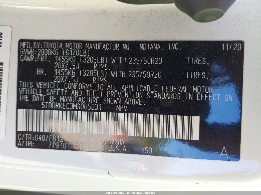 2021 Toyota Sienna Xse VIN: 5TDDRKEC3MS005931 Lot: 43260062