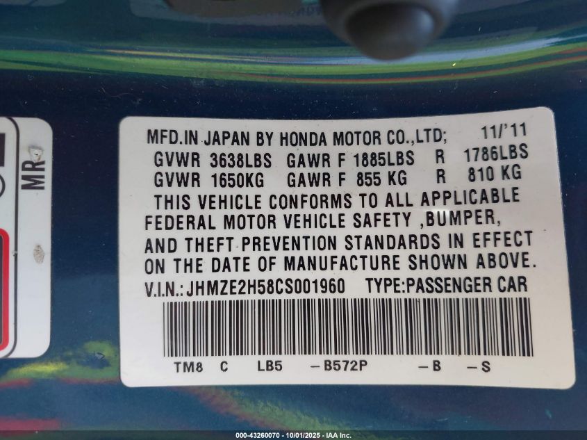 2012 Honda Insight Lx VIN: JHMZE2H58CS001960 Lot: 43260070