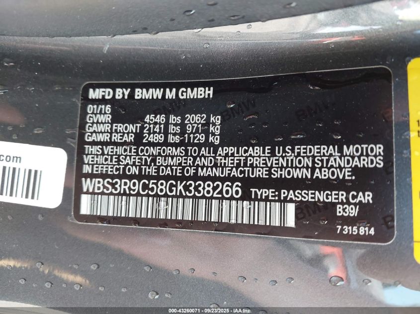 2016 BMW M4 VIN: WBS3R9C58GK338266 Lot: 43260071