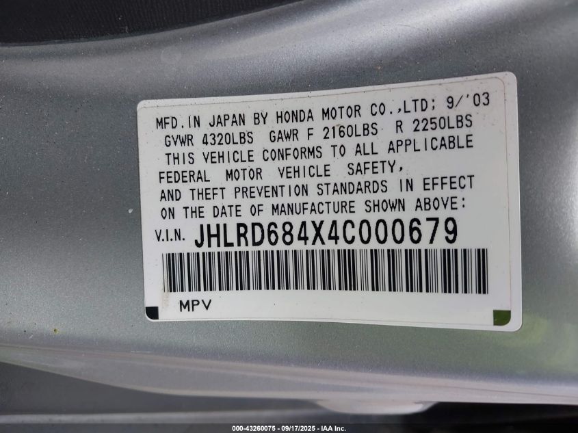 2004 Honda Cr-V Lx VIN: JHLRD684X4C000679 Lot: 43260075