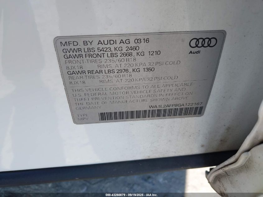 2016 Audi Q5 2.0T Premium VIN: WA1L2AFP8GA122167 Lot: 43260079