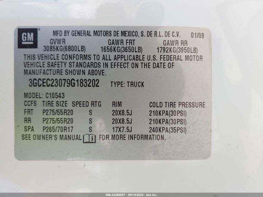 2009 Chevrolet Silverado 1500 Lt VIN: 3GCEC23079G183202 Lot: 43260097