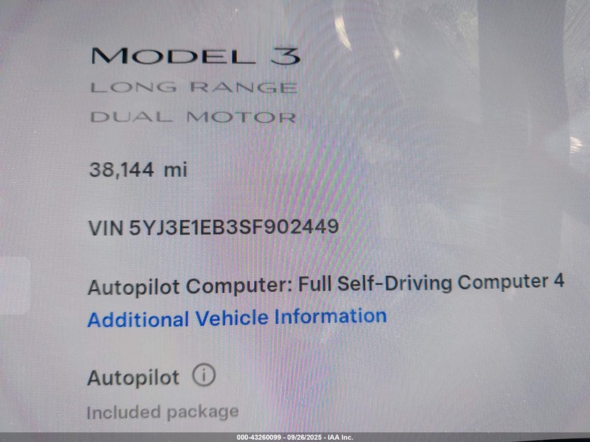 2025 Tesla Model 3 Long Range All-Wheel Drive VIN: 5YJ3E1EB3SF902449 Lot: 43260099