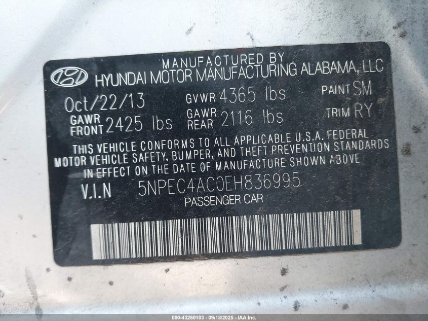 2014 Hyundai Sonata Limited VIN: 5NPEC4AC0EH836995 Lot: 43260103