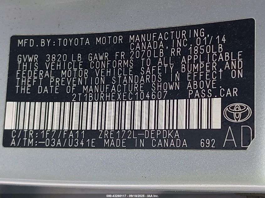 2014 Toyota Corolla L VIN: 2T1BURHEXEC104607 Lot: 43260117