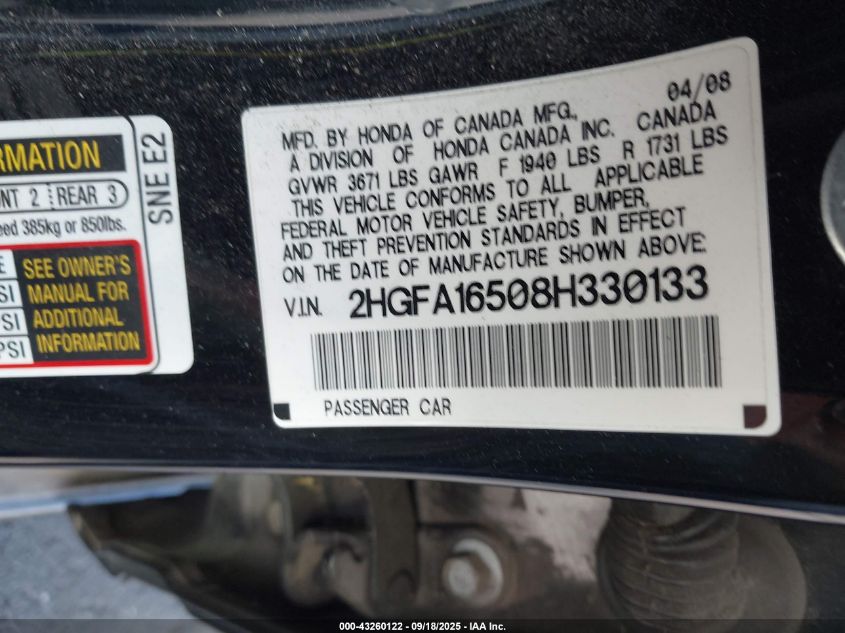 2008 Honda Civic Lx VIN: 2HGFA16508H330133 Lot: 43260122