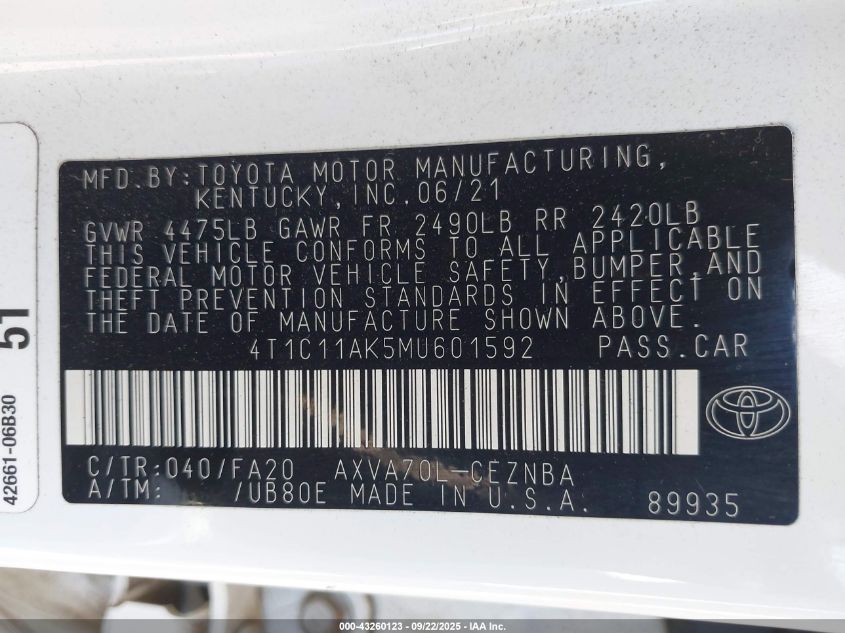 2021 Toyota Camry Le VIN: 4T1C11AK5MU601592 Lot: 43260123