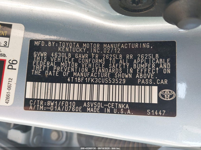 2012 Toyota Camry Le VIN: 4T1BF1FK3CU553529 Lot: 43260130