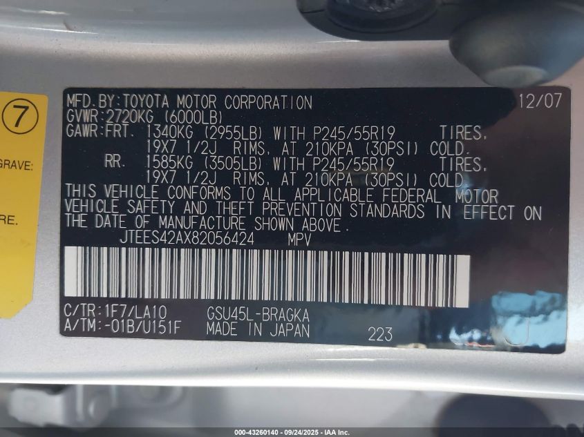 2008 Toyota Highlander Limited VIN: JTEES42AX82056424 Lot: 43260140