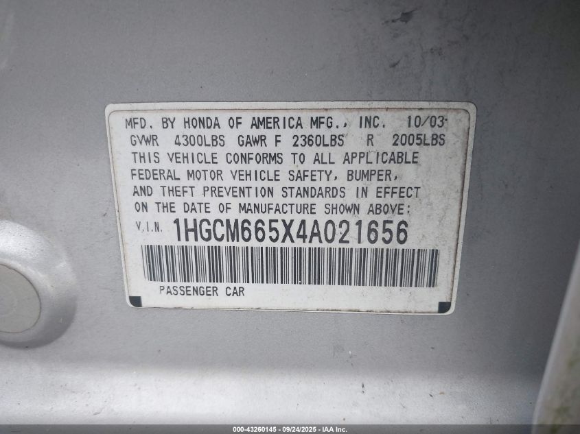 2004 Honda Accord 3.0 Ex VIN: 1HGCM665X4A021656 Lot: 43260145