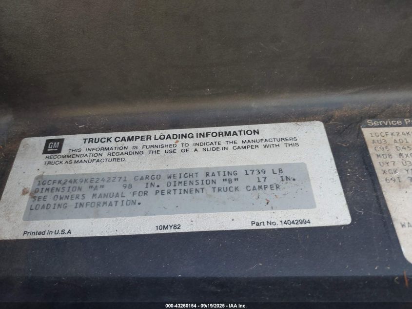 1989 Chevrolet Gmt-400 K2500 VIN: 1GCFK24K9KE242271 Lot: 43260154