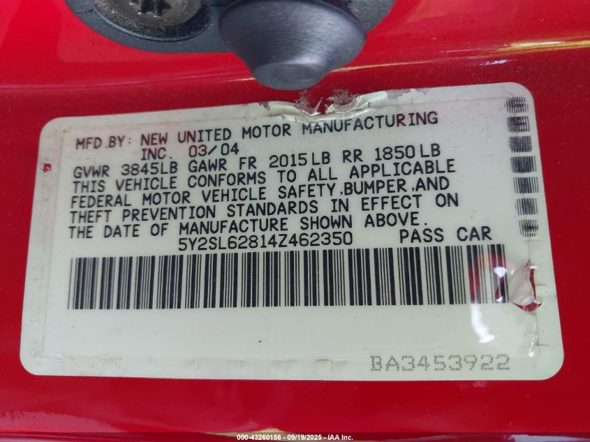 2004 Pontiac Vibe VIN: 5Y2SL62814Z462350 Lot: 43260156