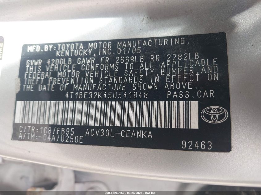 2005 Toyota Camry Le VIN: 4T1BE32K45U541848 Lot: 43260159