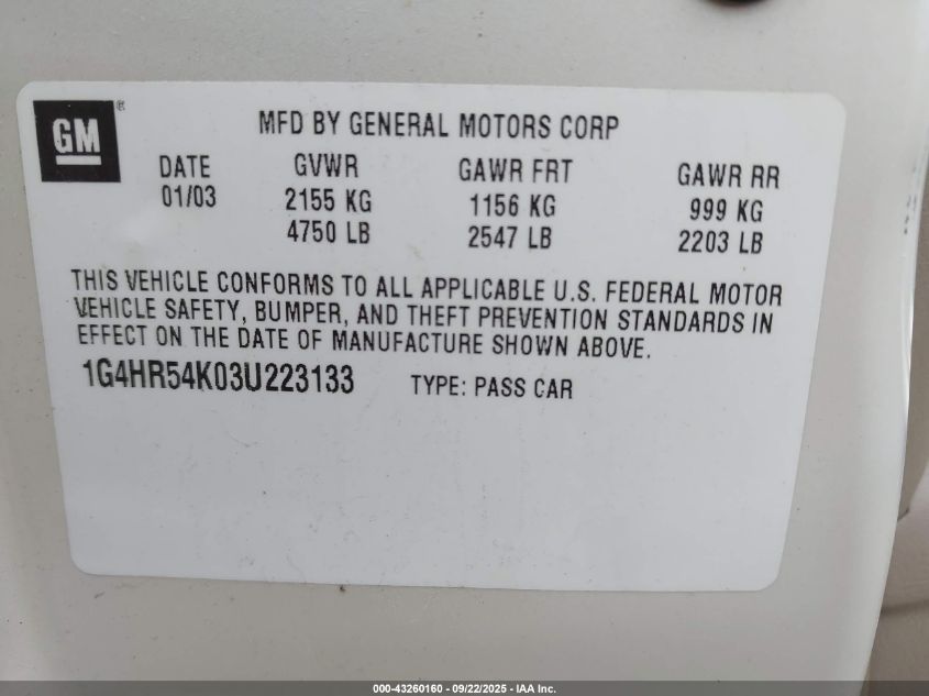 2003 Buick Lesabre Limited VIN: 1G4HR54K03U223133 Lot: 43260160