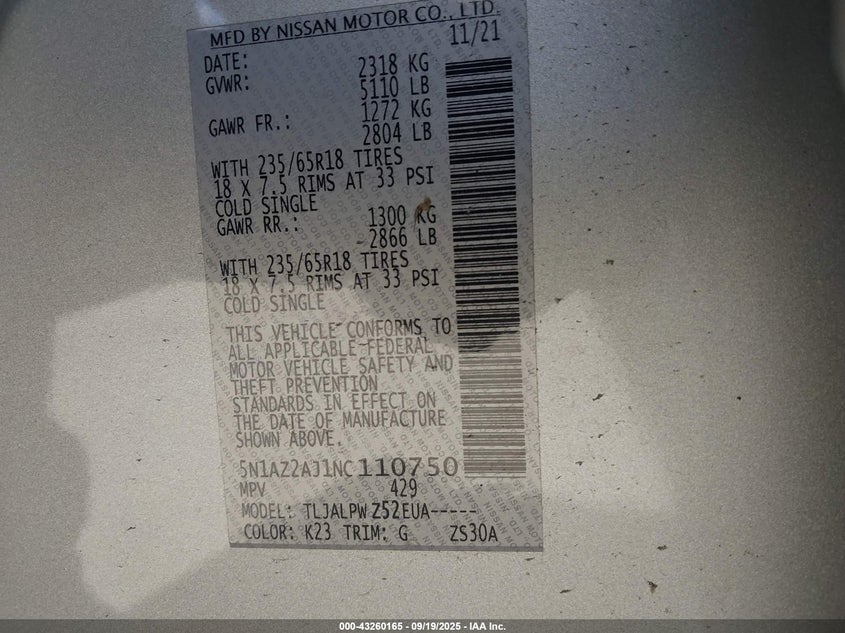 2022 NISSAN MURANO S FWD - 5N1AZ2AJ1NC110750