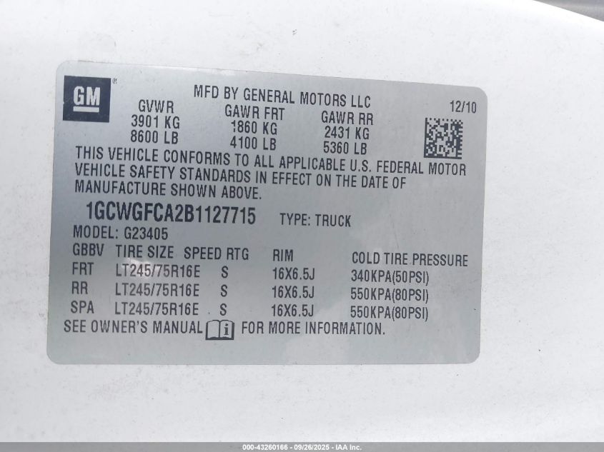 2011 Chevrolet Express 2500 Work Van VIN: 1GCWGFCA2B1127715 Lot: 43260166