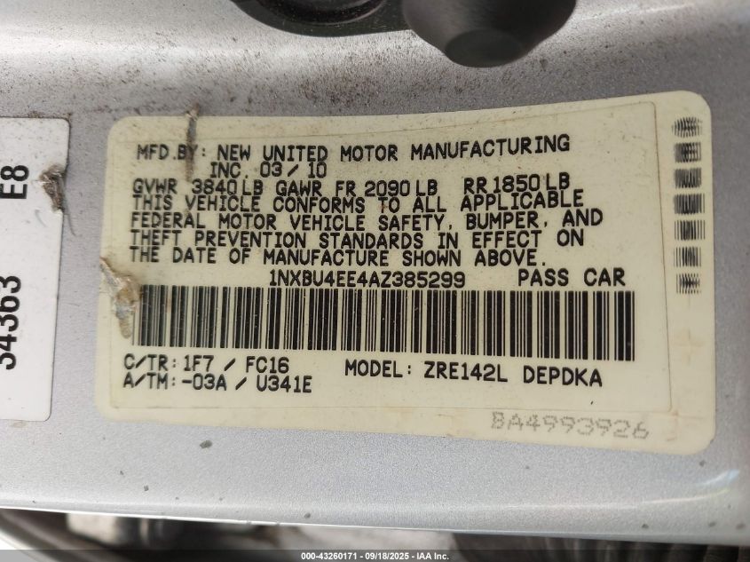 2010 Toyota Corolla Le VIN: 1NXBU4EE4AZ385299 Lot: 43260171