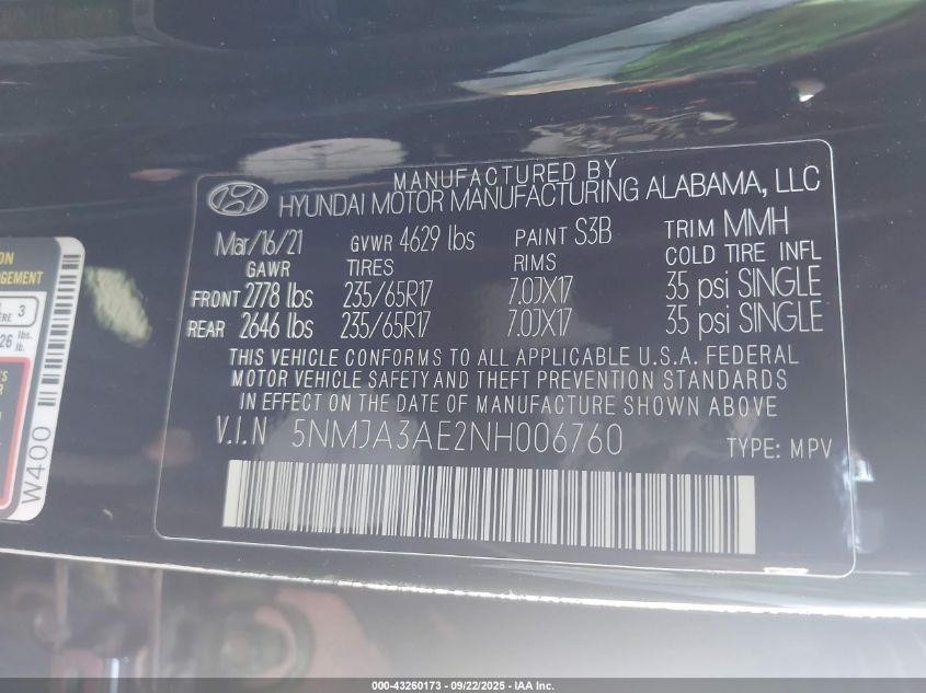 2022 Hyundai Tucson Se VIN: 5NMJA3AE2NH006760 Lot: 43260173