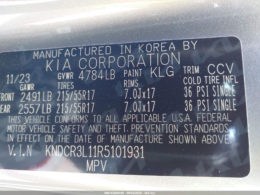 2024 Kia Niro Ev Wind VIN: KNDCR3L11R5101931 Lot: 43260195