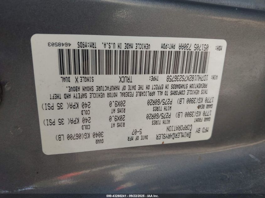 2007 Dodge Ram 1500 Slt/Trx4 Off Road/Sport VIN: 1D7HU182X7S236758 Lot: 43260241