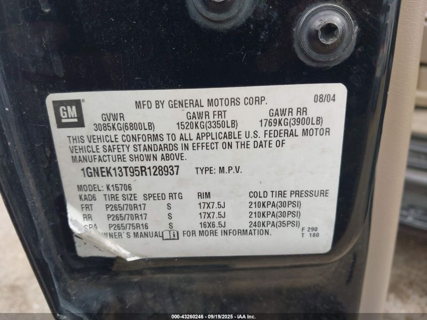 2005 Chevrolet Tahoe Z71 VIN: 1GNEK13T95R128937 Lot: 43260246