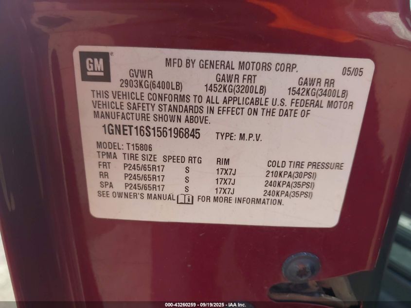 2005 Chevrolet Trailblazer Ext Lt VIN: 1GNET16S156196845 Lot: 43260259