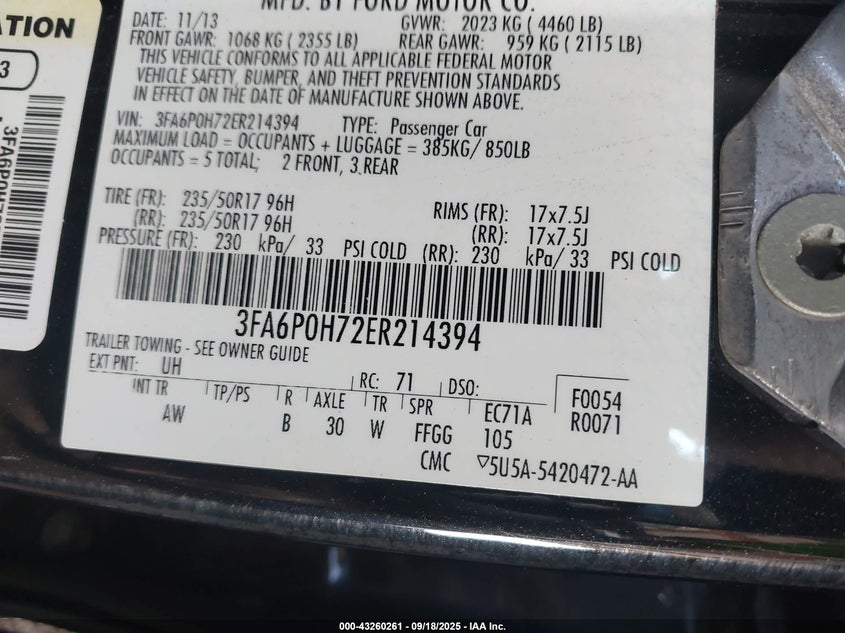 2014 Ford Fusion Se VIN: 3FA6P0H72ER214394 Lot: 43260261